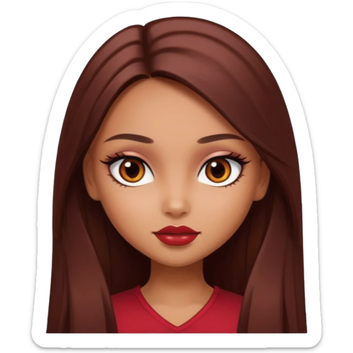 tan skin, girly bratz baddie, beautiful dark brown eyes, pretty makeup, long dark red straight hair sticker