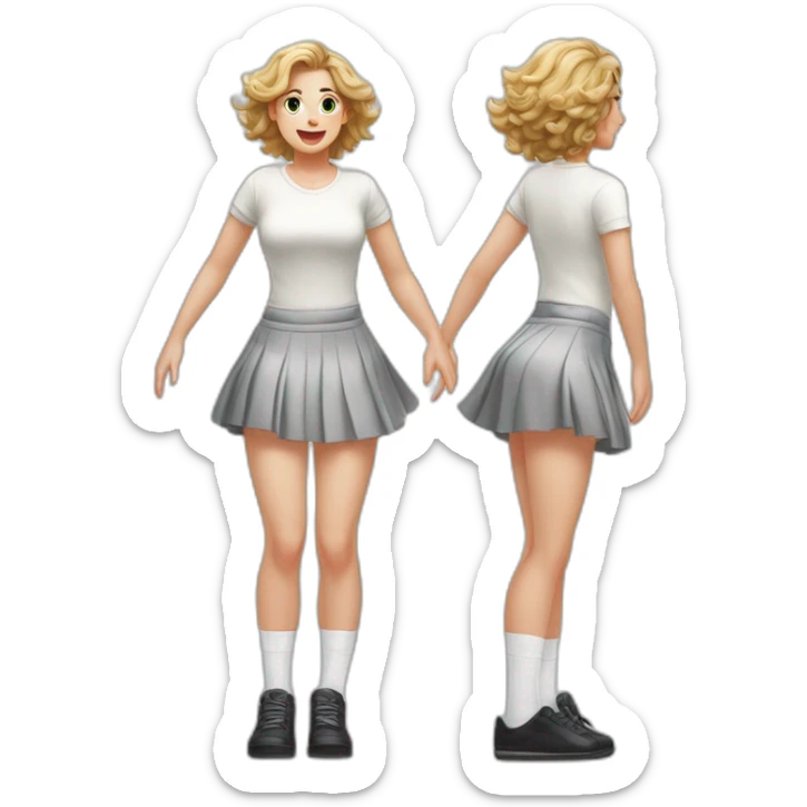 realistic full body caucasian curvy beauty jumping short black skirt back and front views strong wind white knickers long white socks sticker