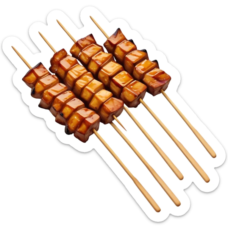 Cinematic Realistic Satay Dish Emoji, depicted as skewered, marinated meat grilled to perfection rendered with rich, smoky textures and dynamic, appetizing lighting. sticker