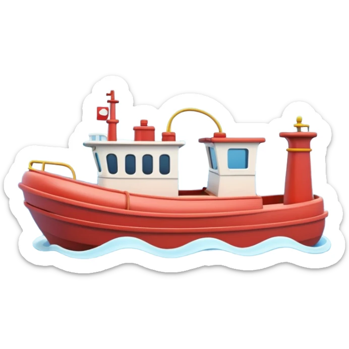 A 3D cartoon tugboat towing another boat on calm blue water, soft waves, clear sky, Memoji-style. sticker