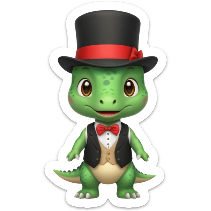 Steampunk:a very cute and adorable green anthropomorphic baby dinosaur with a red top hat sticker