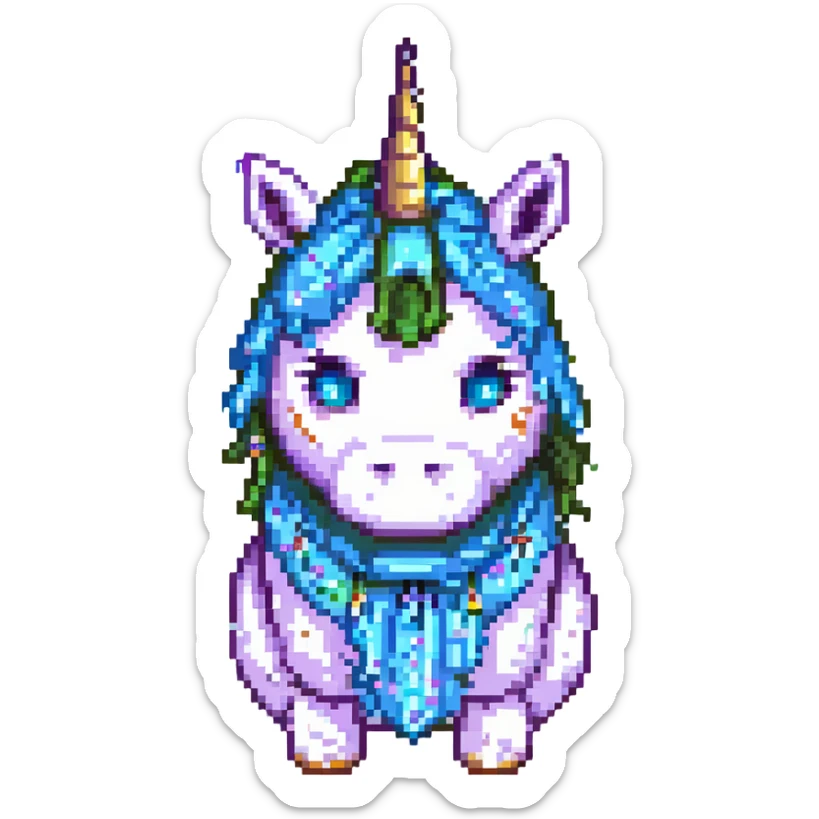 a disgusting, rumpled unicorn with bags under his eyes and a drooping horn, in a pixel art style sticker
