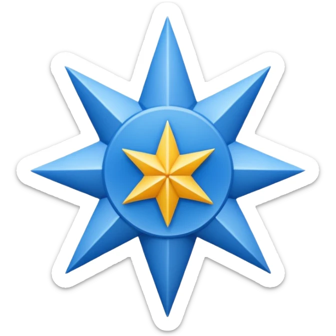 It is a blue mark in the shape of an eight-pointed star with a checkmark in the middle.  sticker
