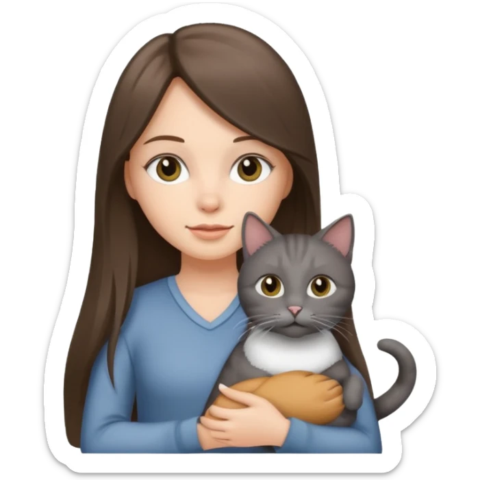 a white girl with brunette long straight hair holding a grey cat. sticker