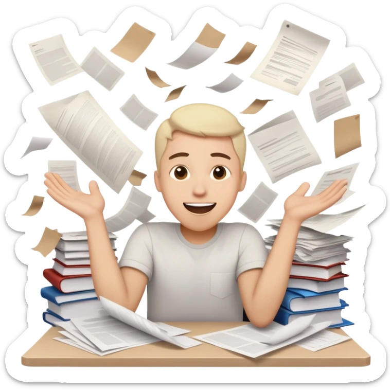 A person with a happy excited face but also looking stressed and overwhelmed, papers flying everywhere, surrounded by work items, half celebrating success and half panicking about deadlines sticker