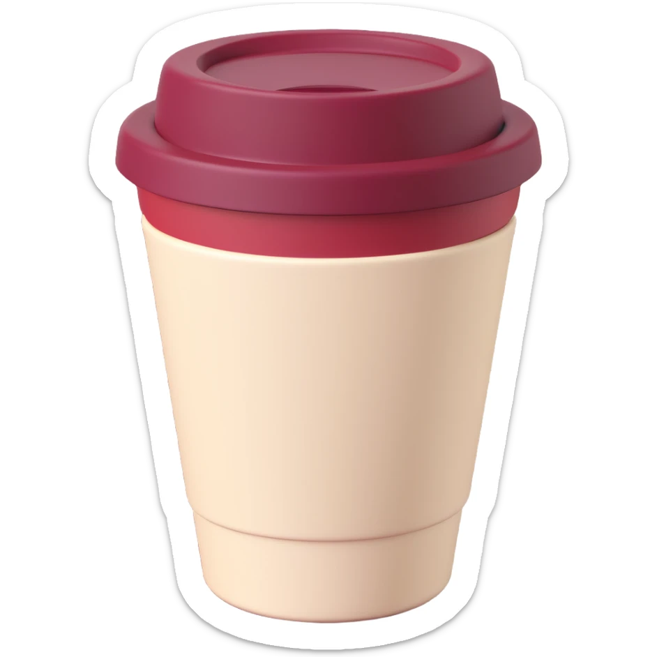 A takeaway coffee cup emoji with a burgundy and cream color theme sticker