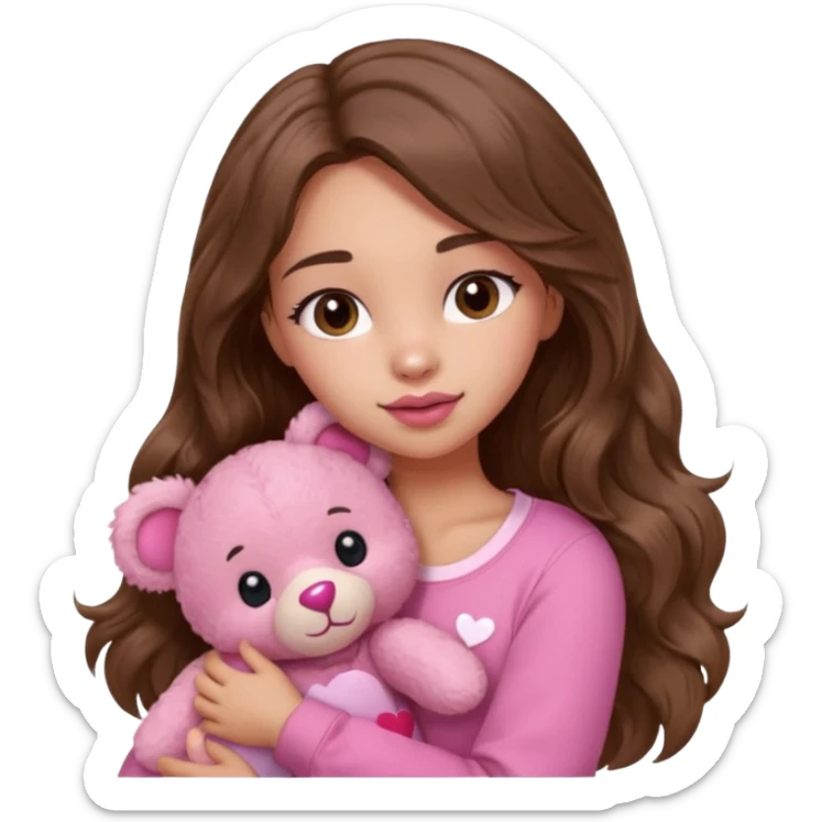 girl with long wavy brown hair, brown eyes, light to medium complexion, in a pink shirt, pink lips, long lashes, hugging squeezing  a teddy bear with hearts sticker