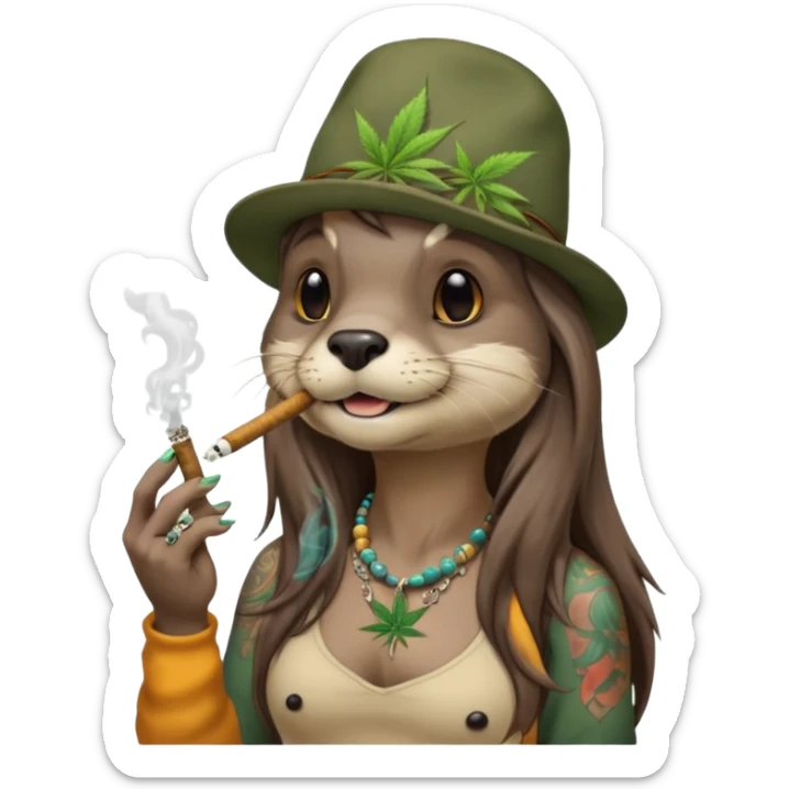 a female otter with long hair smoking a joint surrounded by marijuana fumes. a bit california hippy vibe, with tattoos and piercing sticker