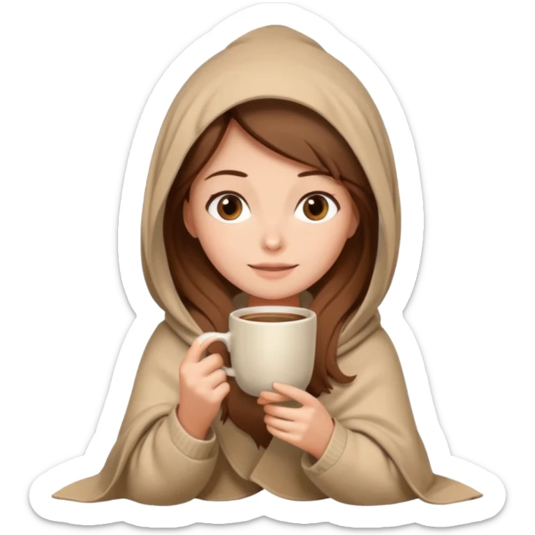 brown hair woman sitting under beige blanket, with a blanket over his head, holding cup of coffee, autumn mood sticker