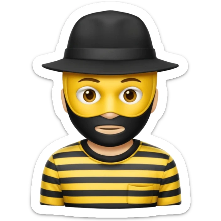 Make a robber emoji with yellow skin and white and black shirt with a mask thats black and make a hat on him sticker