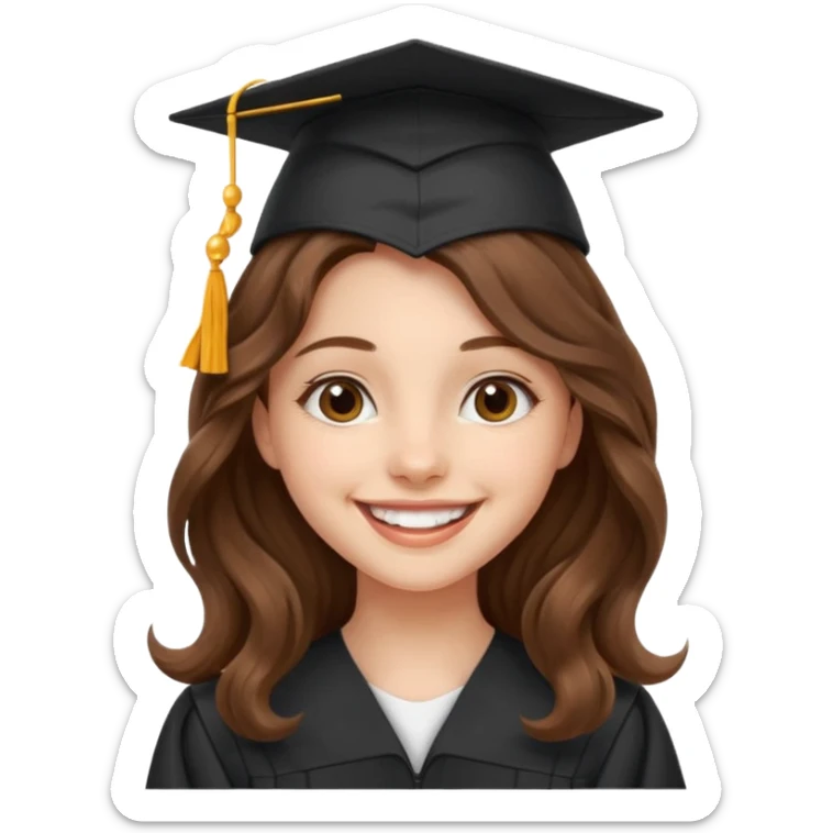 Graduated Students, Cheerful girl, long brown wavy hair, wearing graduation cap sticker