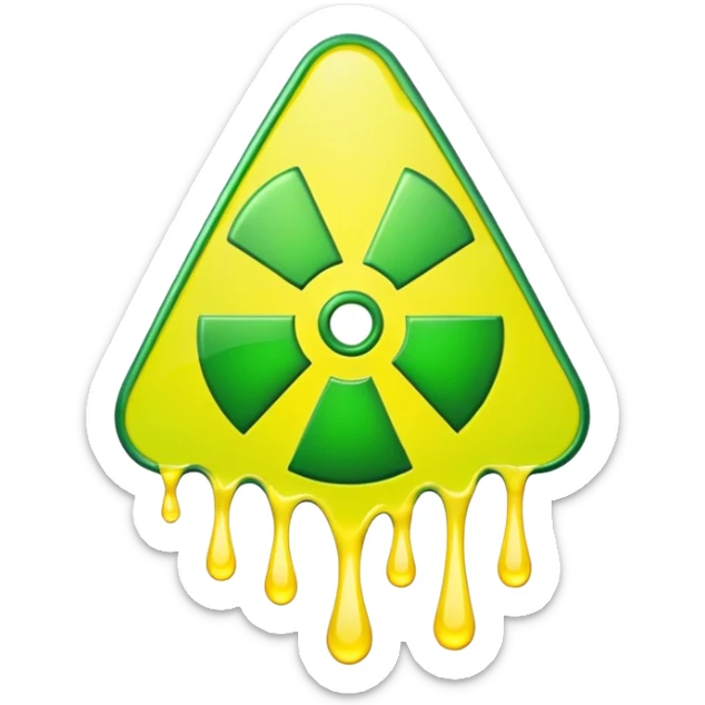 radioactive hazard symbol stylized to look like it is melting. The symbol is bright neon green and toxic yellow, with smooth dripping edges like liquid. sticker