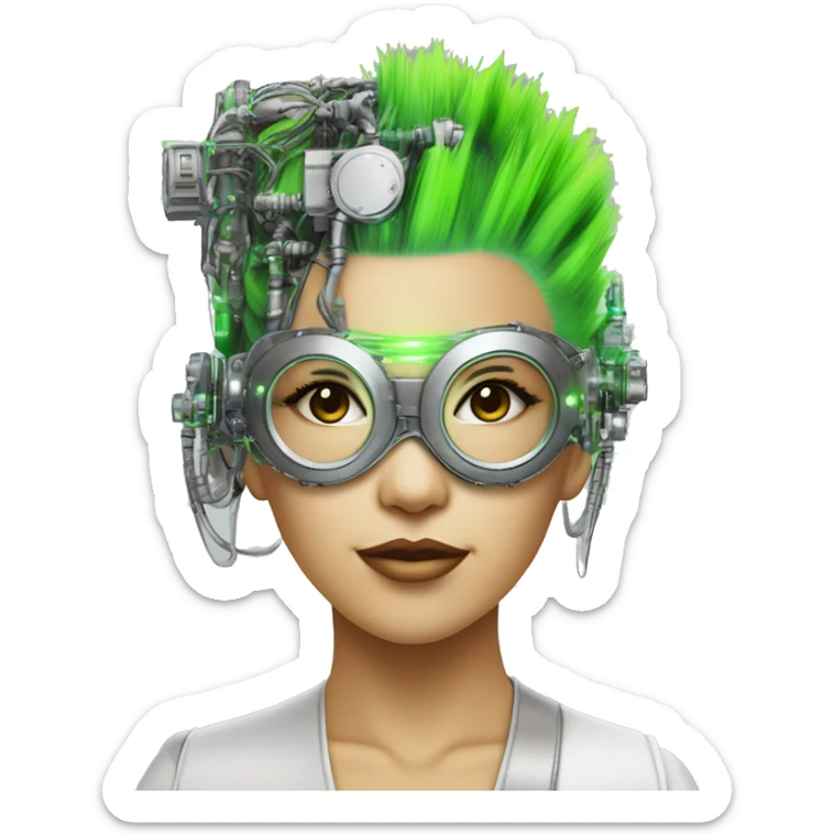 Neon green Mohawk hair Asian female cyborg head with silver steampunk goggles and circuits sticker