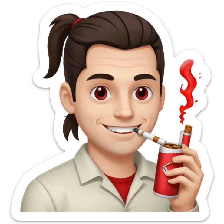 A white man with dark brown hair in a ponytail, oversized bloodshot eyes, grinning, smoking a long roll up sticker