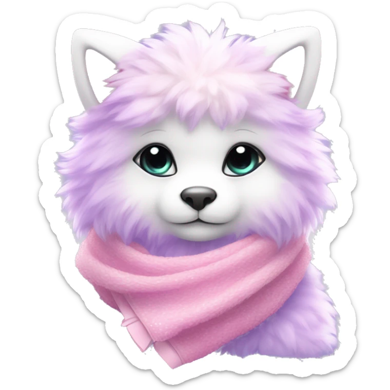 Edgy Kawaii cute gorgeous colorful sparkly bright light pastel lilac-pink-white-gradient fantasy ethereal fluffy fursona animal creature with a cute scarf full body sticker