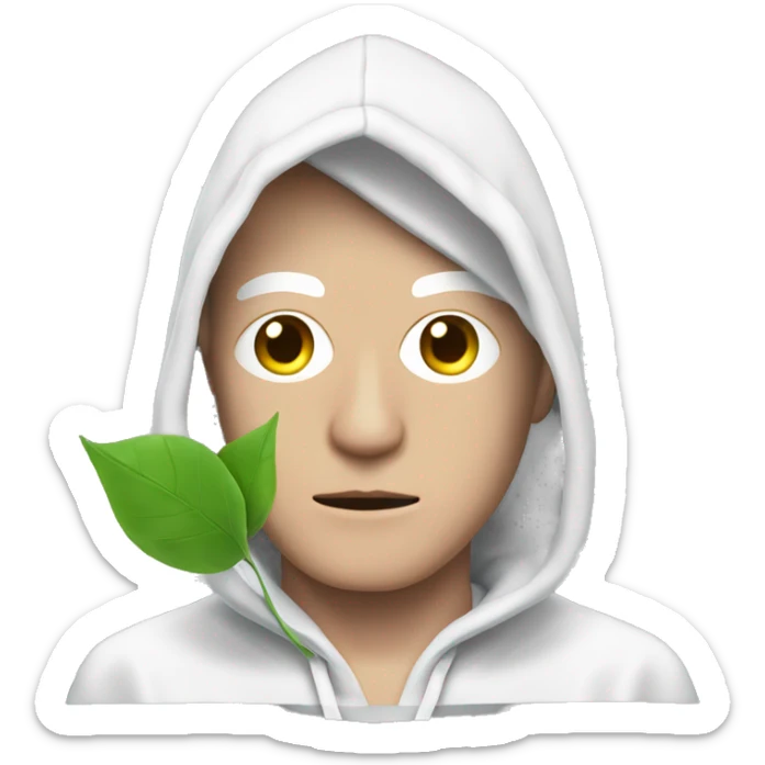 Shady white man with pink eye holding a clear plastic bag with leaves with a hood up sticker