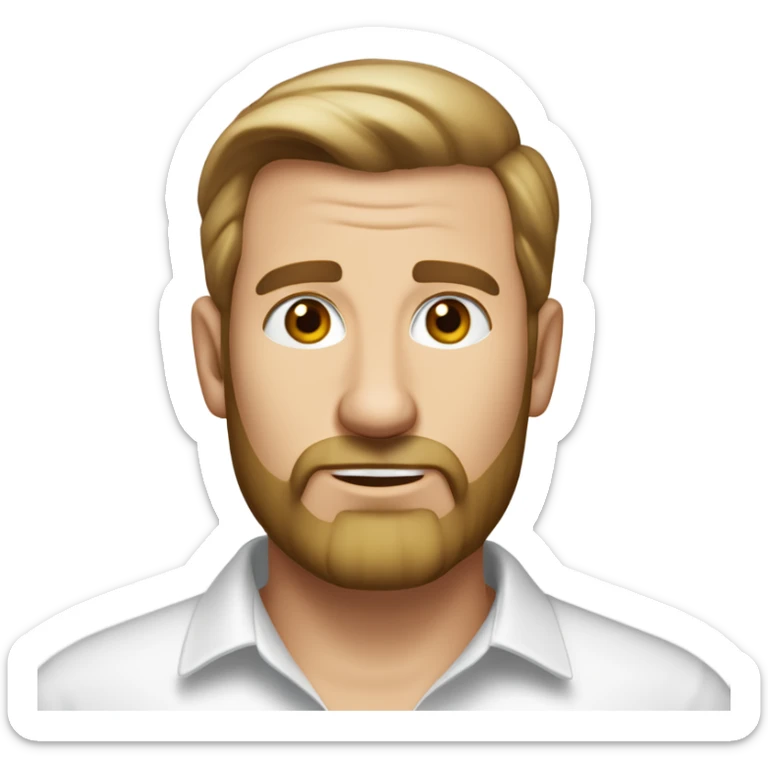middle aged english man, short slicked back hair dark blonde, dark blonde medium length size full beard, wearing only a plain white smart shirt unbuttoned. sticker