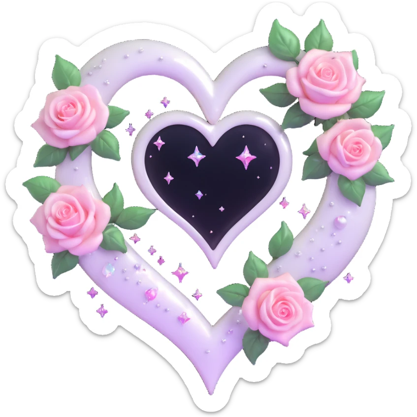 gothic heart made of pearl glass, silver crescent moon, glowing blush pink roses, holographic stardust, neon white lightning, drenched and splintered glass sticker