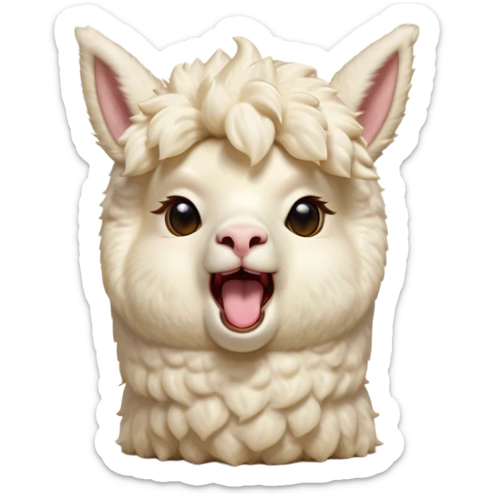 Cinematic Cute Yawning Cream Alpaca Portrait Emoji, Head tilted slightly with a dramatic, wide-open yawn, showcasing a soft, fluffy cream fleece with subtly drooping ears, round gentle eyes barely open in drowsy contentment, Simplified yet irresistibly adorable features, highly detailed, glowing with a soft, cozy glow, high shine, relaxed yet expressive, stylized with a touch of whimsy, bright and endearing, soft glowing outline, capturing the essence of a sleepy yet affectionate alpaca, so drowsy it feels like it could stretch out of the screen and curl up for a nap! sticker