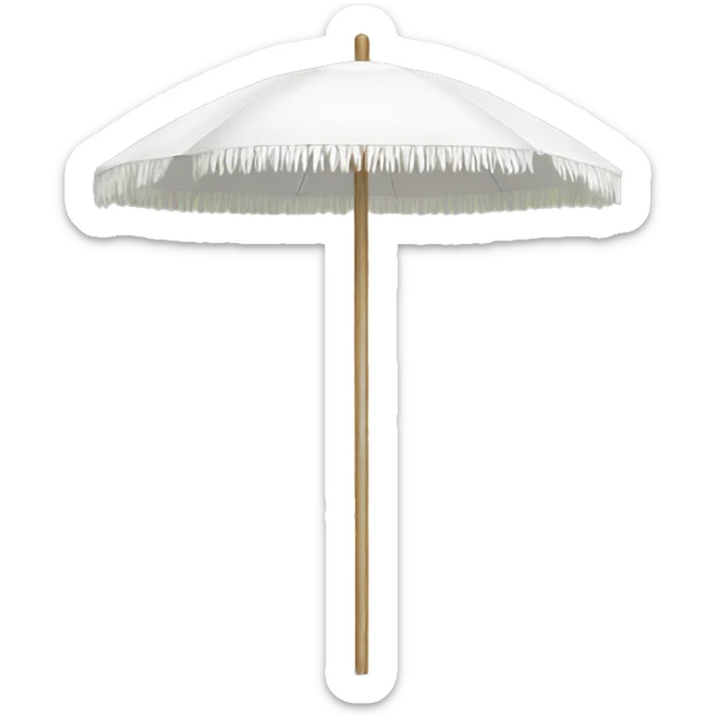 White beach umbrella with short white tassels and a straight wooden pole sticker