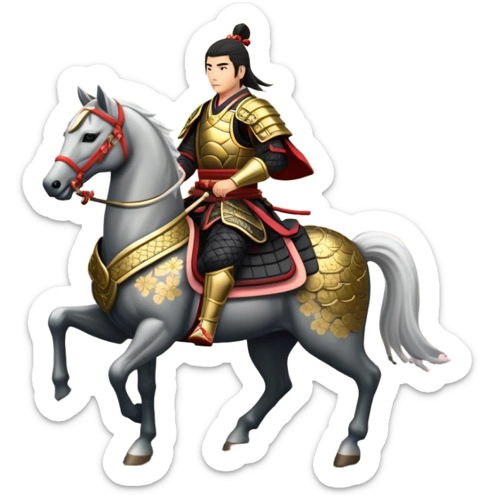 An icon representing an adventure game, inspired by feudal Japan. The design features a disciplined samurai riding a noble warhorse, its armor adorned with intricate patterns. A backdrop of cherry blossoms and a setting sun over a distant pagoda conveys a sense of honor, tradition, and battle-readiness. Transparent background. sticker