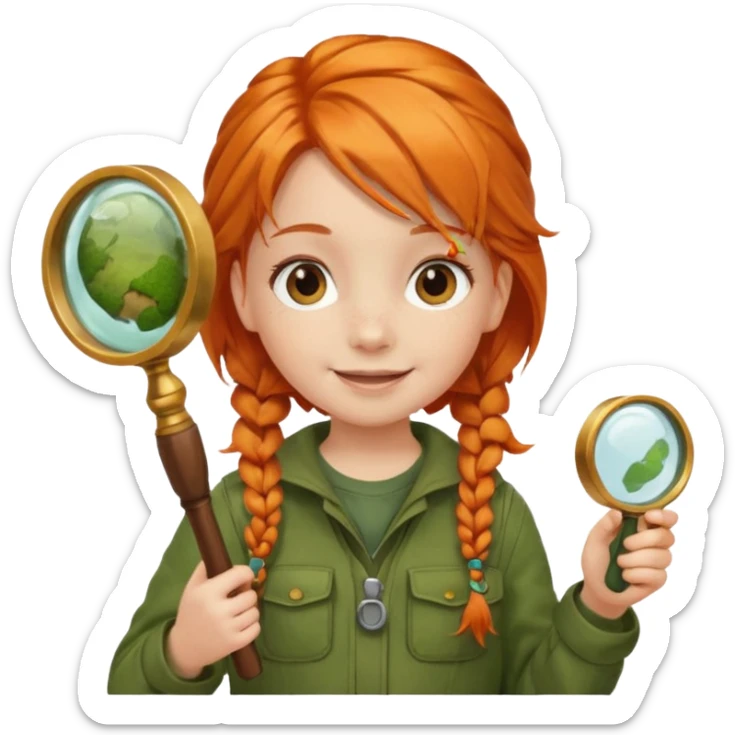 braid orange haired girl kid in moss green explorer outfit, holding magnifying glass sticker