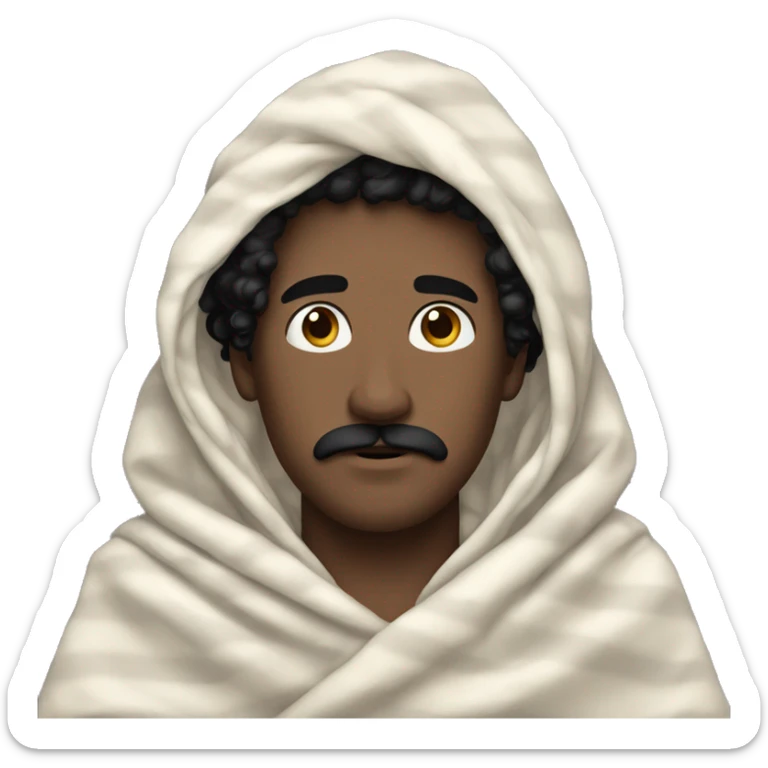 Pale white man, black curly hair and black mustache, wrapped in a blanket sticker