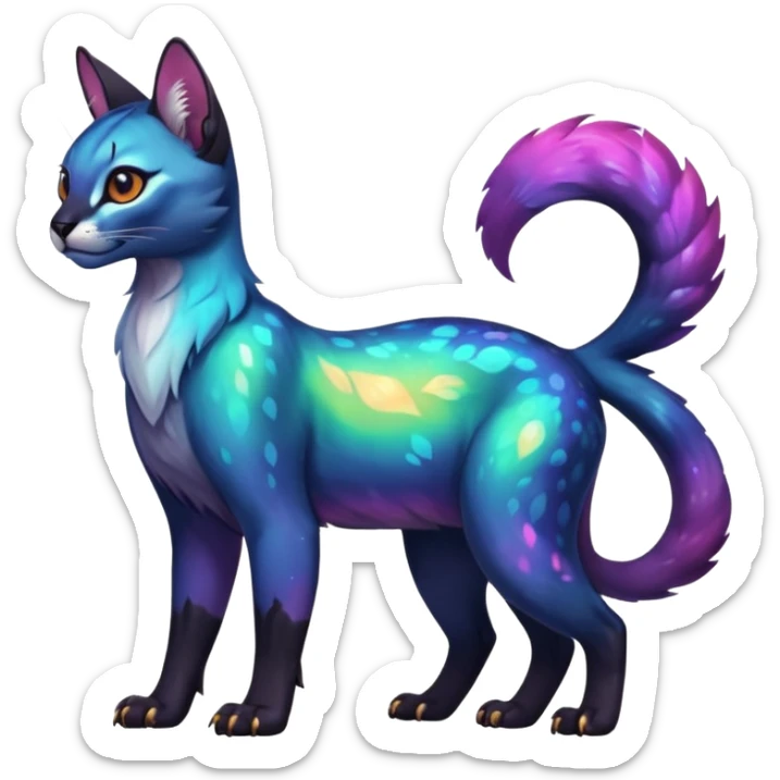 Colorful dark tropical iridescent nebulae exotic cute cool beautiful shiny beautiful fantasy-caracal-civet-genet-sergal-vernid-Gryphon-Cacomistle-Trico-oncilla-animal-Fakémon-hybrid-fursona (full body) sticker