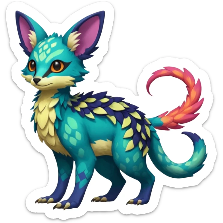 Rare realistic exotic epic pretty beautiful handsome gorgeous aesthetic colorful vibrant Vernid-Trico-species-Fakemon-creature by LiLaiRa, random markings, tufted ears, full body sticker