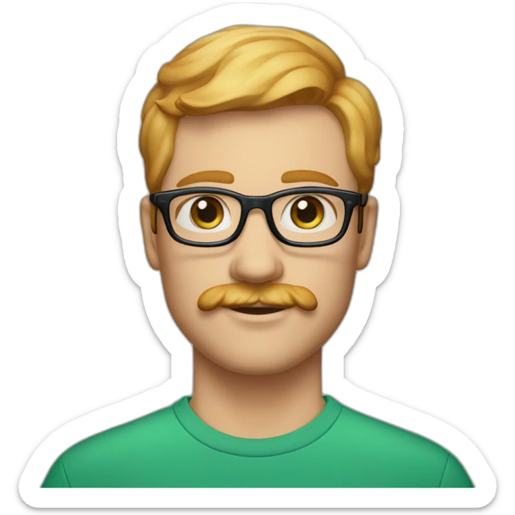 35 year old man with strawberry blond hair, clean shaved chin with moustache, blue eyes and round green glasses sticker