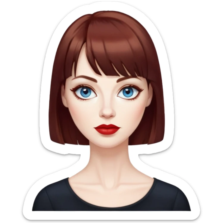Woman in her late 40s with pale skin, wider face, blue eyes with eyeliner, thin eyebrows, small nose, red lipstick, dark auburn hair with bangs, wearing a black top sticker
