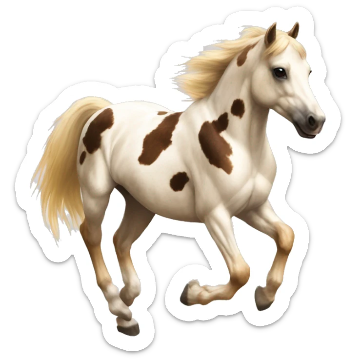 Scruffy scarred scratched scratches scratch scars Piebald tricolor palomino yellow brown palomino pony with dark brown spots galloping running sticker