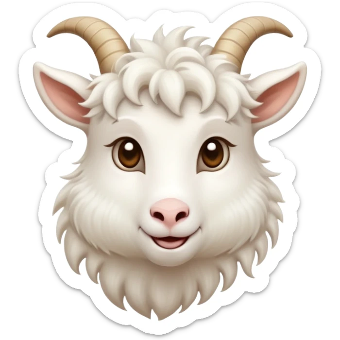 cinematic-cute-white-goat-portrait-emoji,-head-tilted-playfully-and-inquisitively,-featuring-a-fluffy,-immaculate-white-fur-with-charming-curved-horns,-round,-sparkling-eyes-filled-with-gentle-curiosity,-simplified-yet-irresistibly-adorable sticker