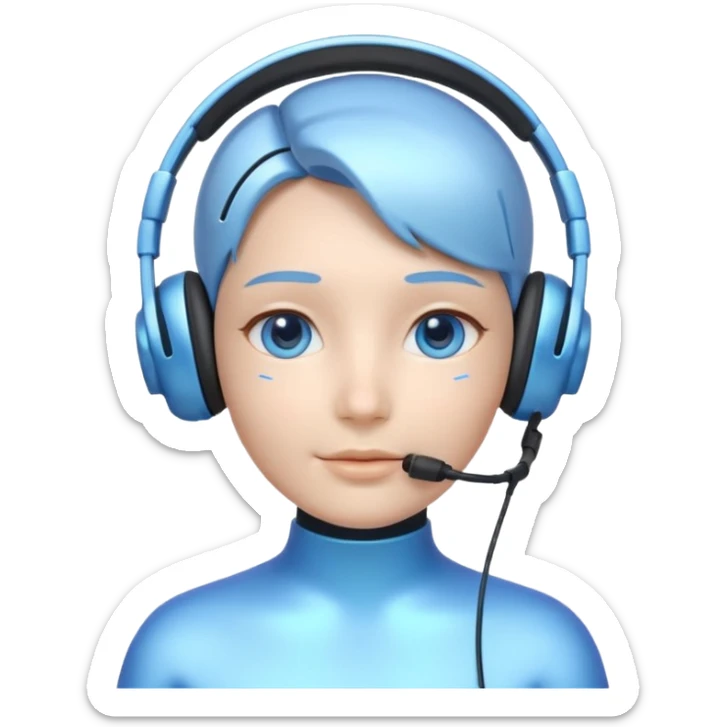 AI Call Agent holo-human-like Cyber AI face, warm, calm and friendly. Holographic look. Blue.
Soft AI face with a listening, welcoming expression, minimal facial lines, calm eyes. Light headset. sticker