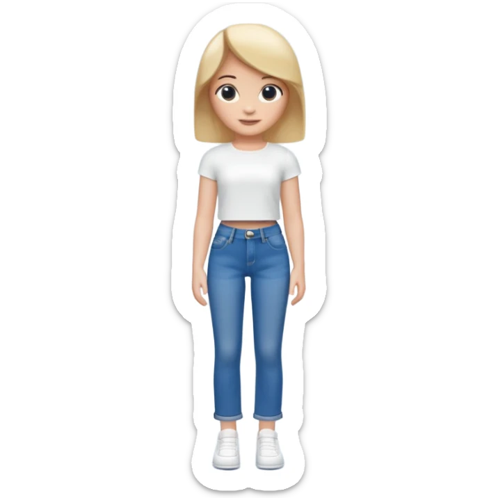 A 3D cartoon casual outfit with blue jeans and a top laid flat, clean surface, bright daylight, realistic Memoji-style. sticker