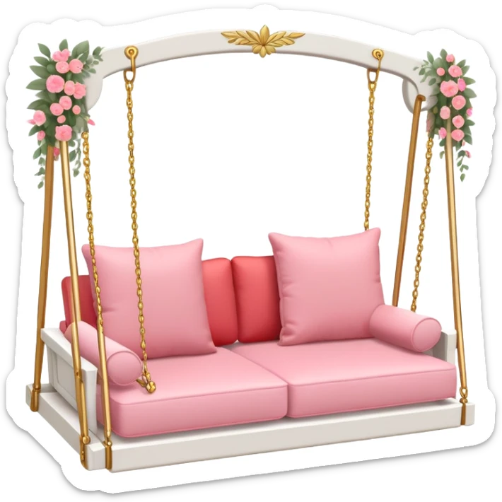 Romantic white wooden pastel-red-pink cushions couch-swing with tiny gold flowers around sticker