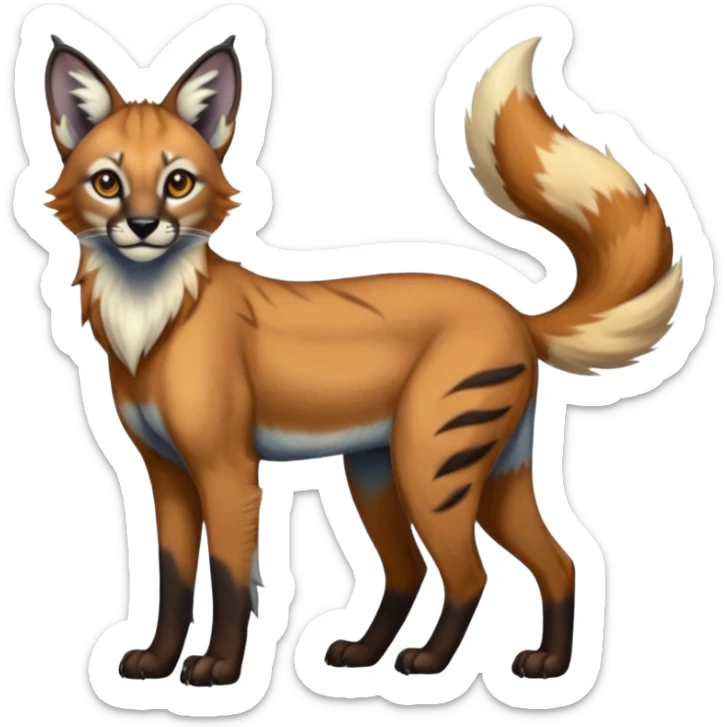 Realistic edgy bluish greyish blackish whitish silvery coppery Shiny Colorful Dusky Dark Gloomy Glossy Maned-Wolf-Genet-Caracal-Lion-Bobcat-fusion-animal-hybrid-creature, full body, tufted ears, long thin tufted tail sticker