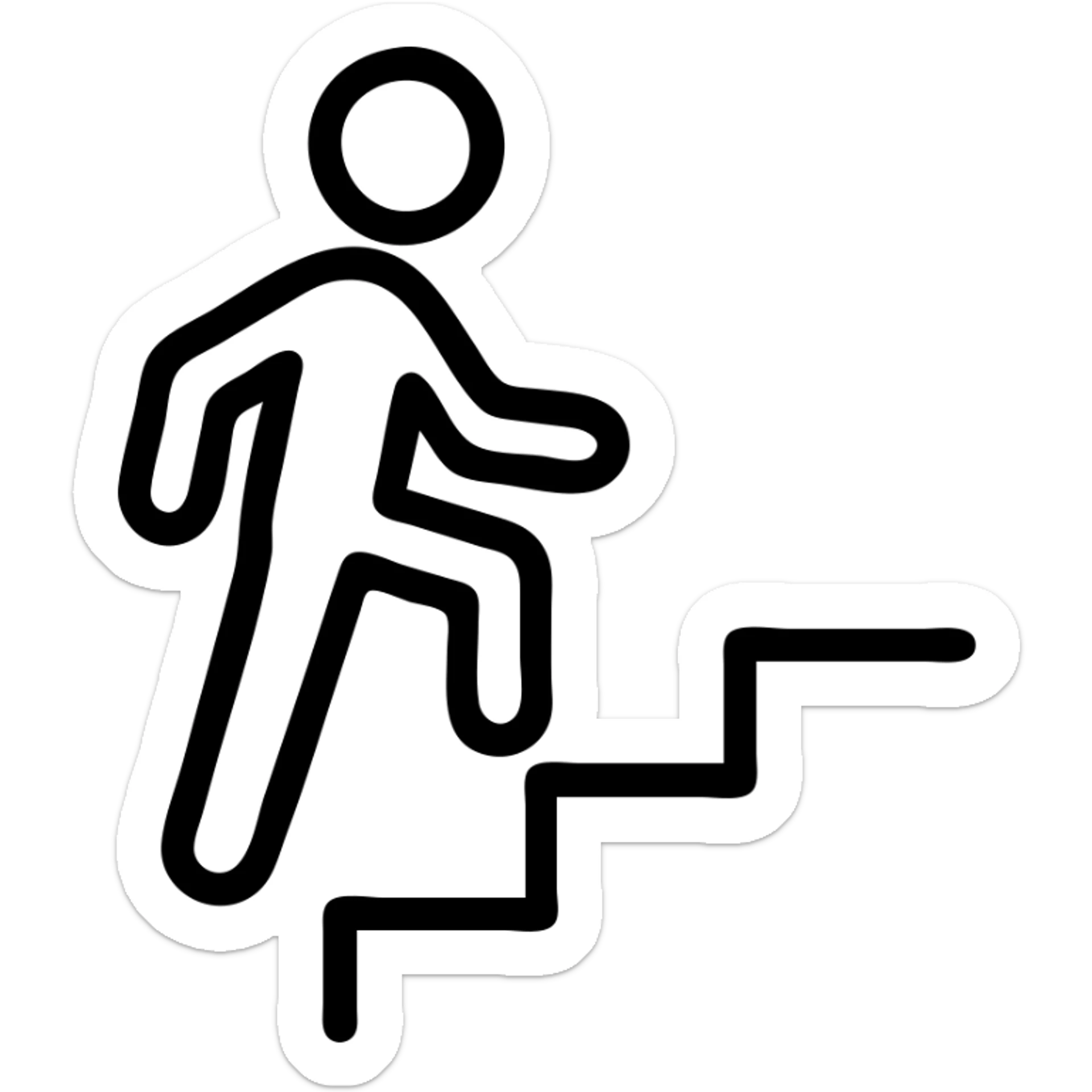 outlined icon of a figure climbing a staircase, minimal, no fill, black lines sticker