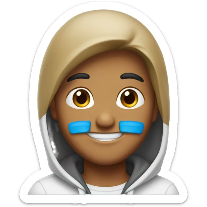 a young emoji with a friendly smile, half-body view, showing hair, wearing a hoodie with a cross logo. Lightly tanned skin sticker