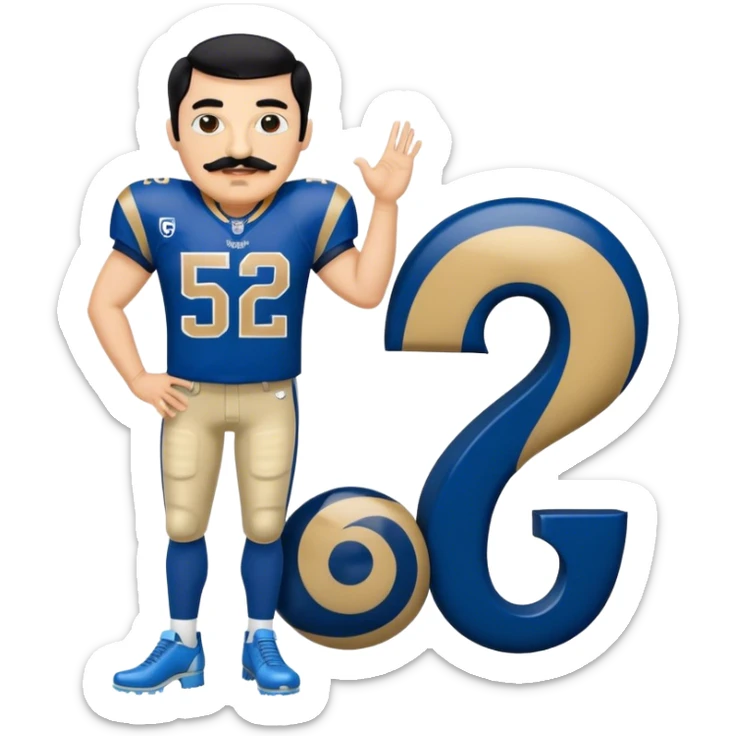 Chill guy in LA Rams jersey  with nu.ber 52. Black hair black mustache. Full body. Blue heels sticker