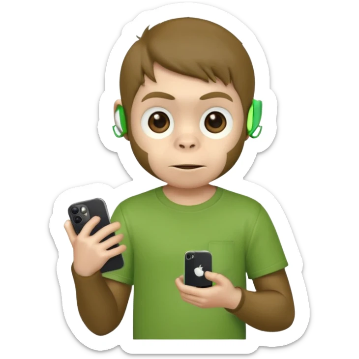 Un singe qui est habillé comme un garçon et qui a un iPhone 12 mini et qui a un t-shirt vert  sticker