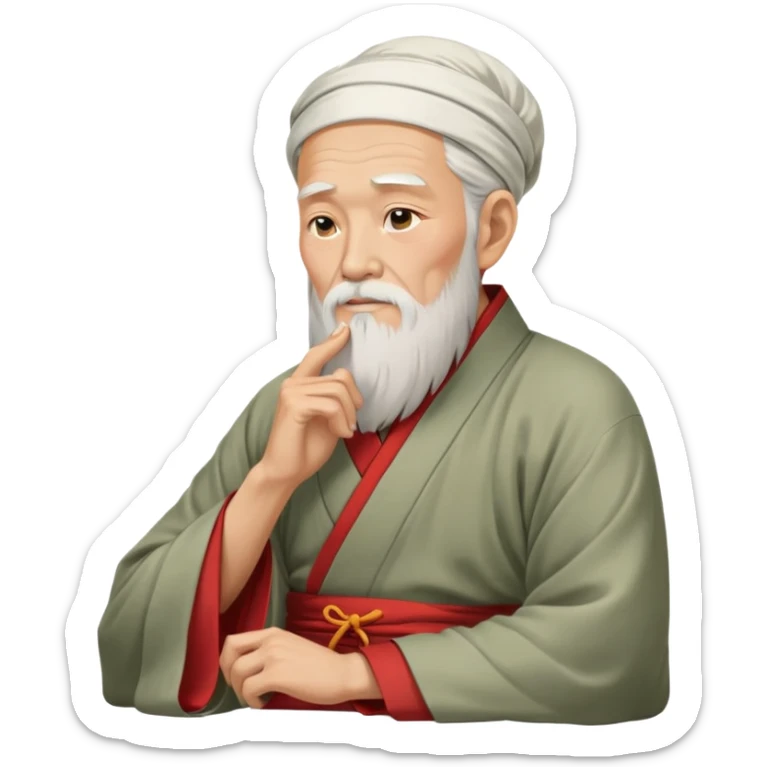 Old oriental sage with white beard and traditional Chinese clothing in contemplative pose, looking thoughtful with hand on chin sticker