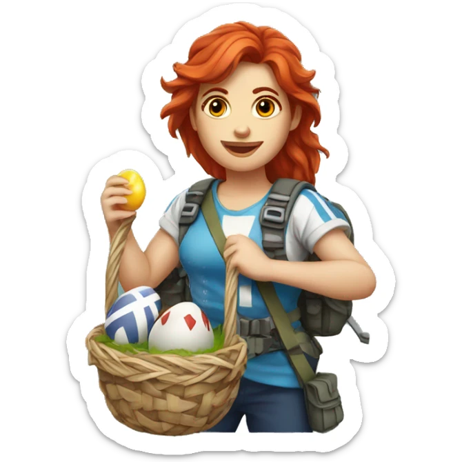 Female mountain climber red hair with Greek flag and holding Easter eggs basket sticker