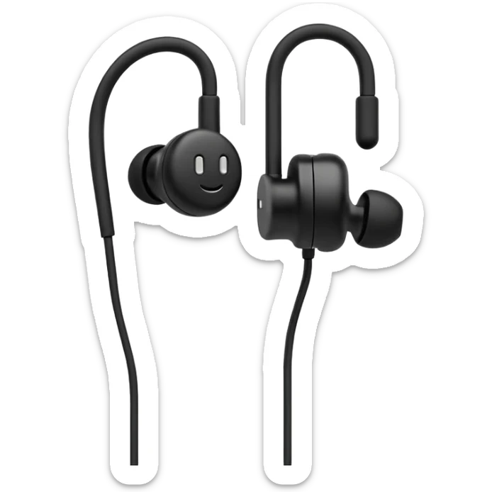 Minimal emoji, simple wired earphones sculpted from matte black metal, clean silhouette, fashion editorial minimalism, no motion effects, no glow, no neon, flat emoji style, centered, transparent background sticker