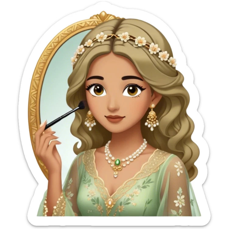  Middle Eastern-inspired moment of a woman getting ready in front of a mirror. She wears a delicate floral dress with sheer, flowy sleeves, accessorized with gold jewelry and traditional pearl-adorned hair clips. Her  as she applies mascara, her reflection revealing a soft smile.  sticker