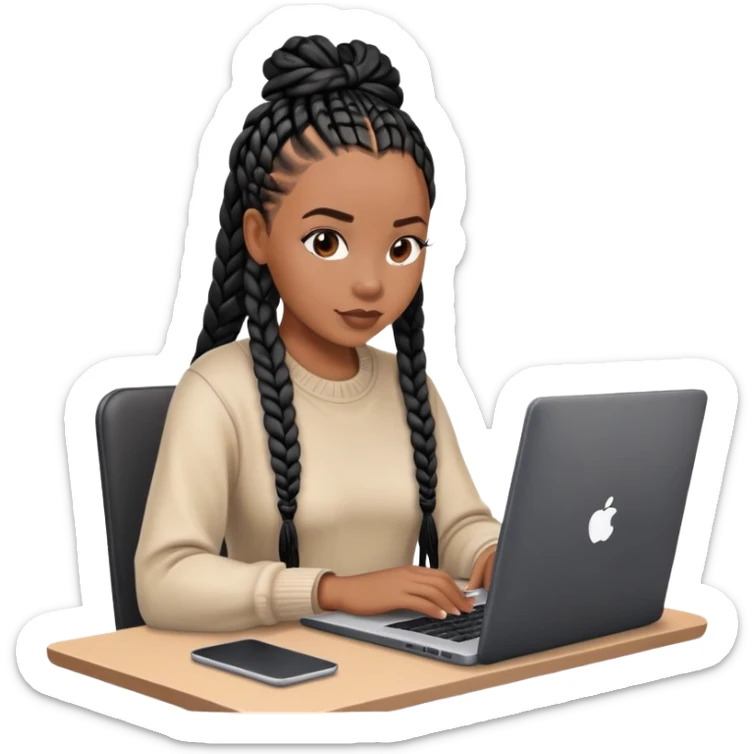  A Black woman with black box braids sitting behind a laptop, typing or looking at the screen. sticker