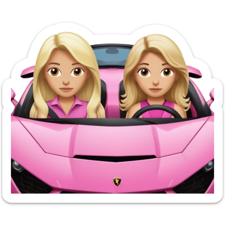 Make car far away so I can see full car Car facing forward in pink sports car. Make hair long are not smiling but very pretty. One girl is blonde, one girl is brunette. Front of car sitting in the seats. Make it a pink sports car. They are two baddies make it a Lamborghini pink car  sticker
