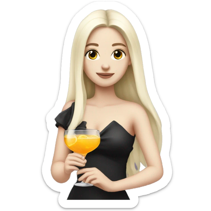 Pale girl with long black hair with chest holding cocktail sticker