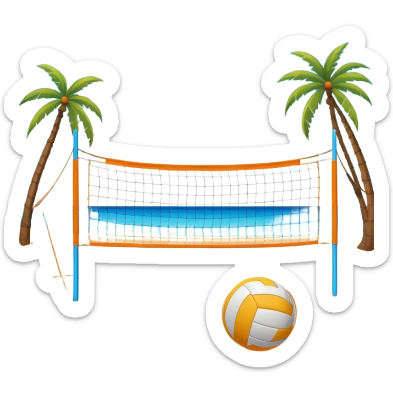 The scene captures a sunny sea beach atmosphere with clear blue sea and sky, palm trees swaying. A volleyball resting on the orange sand ground of a beach, with a volleyball net in the background.  sticker