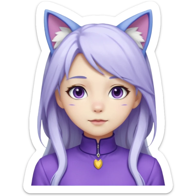 female anime character with long white hair and periwinkle highlights and cat ears on her head. She is wearing a purple outfit with a high neckline and long sleeves.  sticker